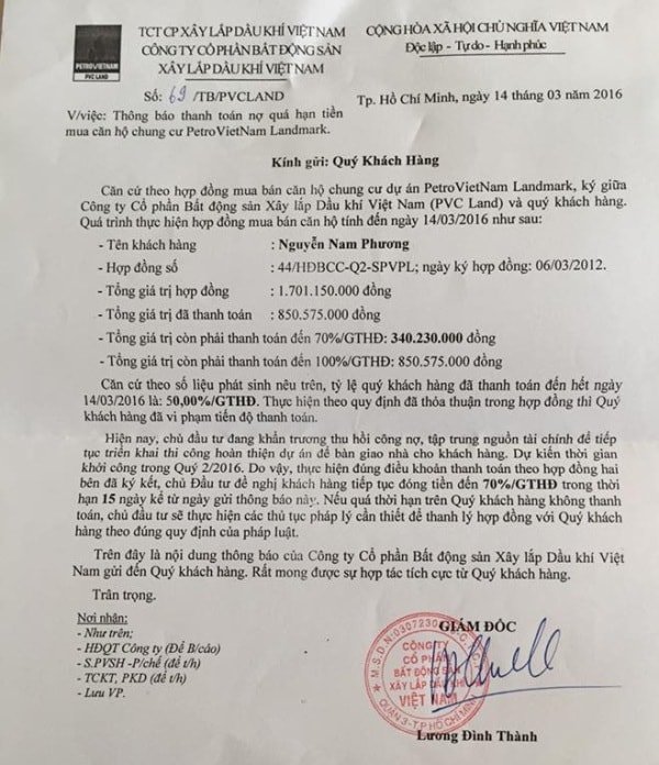 Văn bản đòi tiền của Petro Vietnam Landmark